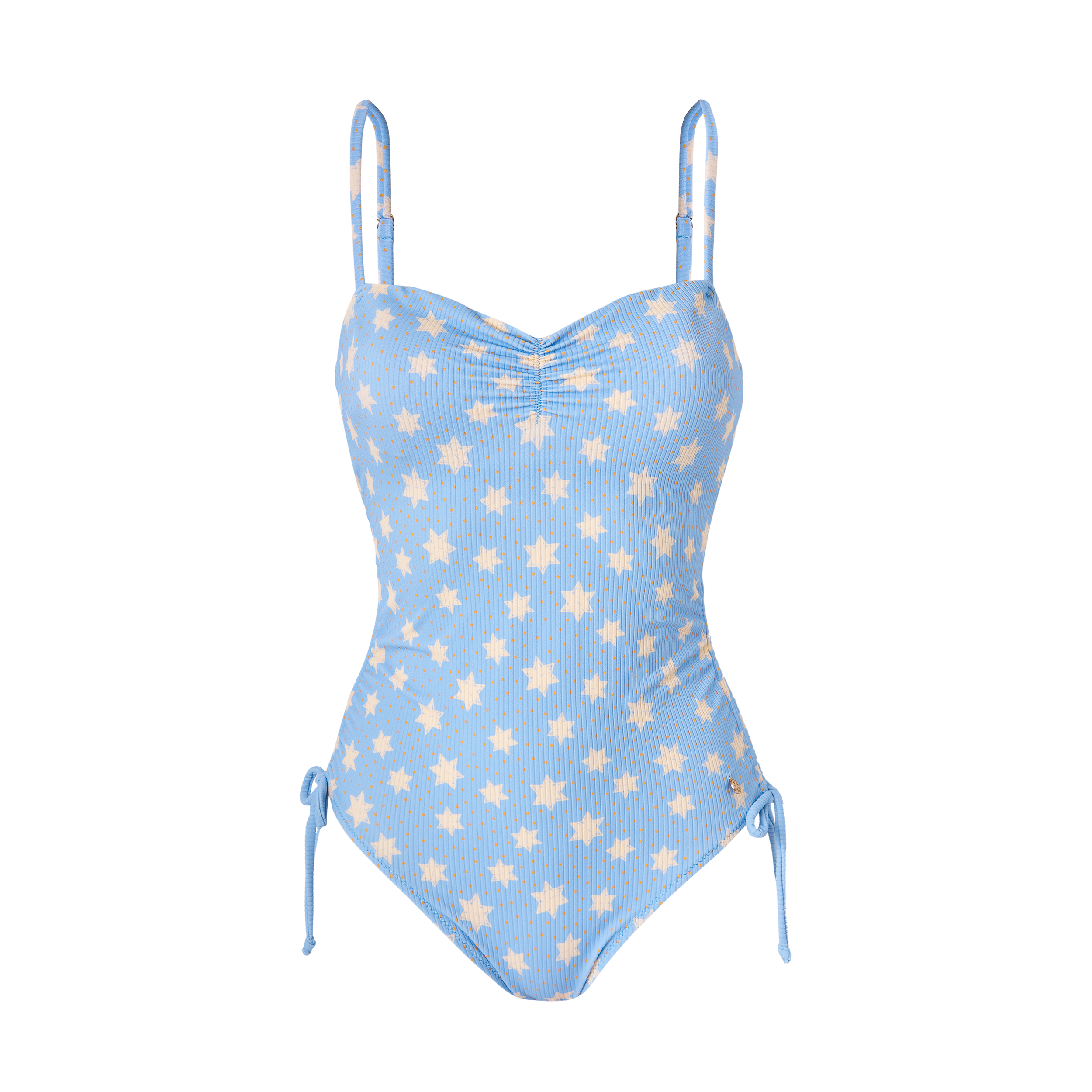 Fato de banho Waterlemon de senhora, azul claro canelado com estrelas amarelas, alças ajustáveis e franzido no decote.