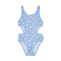 Fato de banho de menina Waterlemon azul claro com padrão de estrelas bege e recortes laterais modernos na zona da cintura.