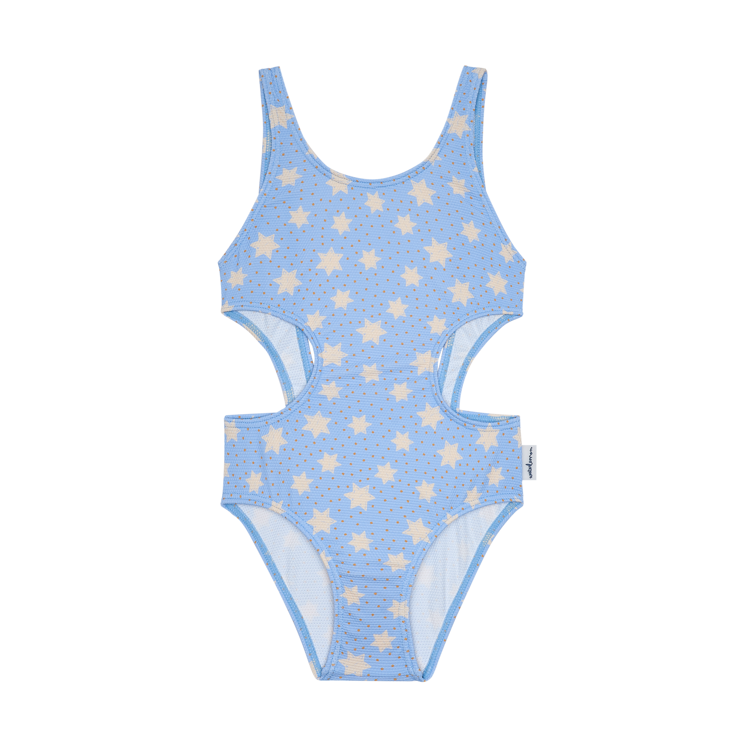 Fato de banho de menina Waterlemon azul claro com padrão de estrelas bege e recortes laterais modernos na zona da cintura.