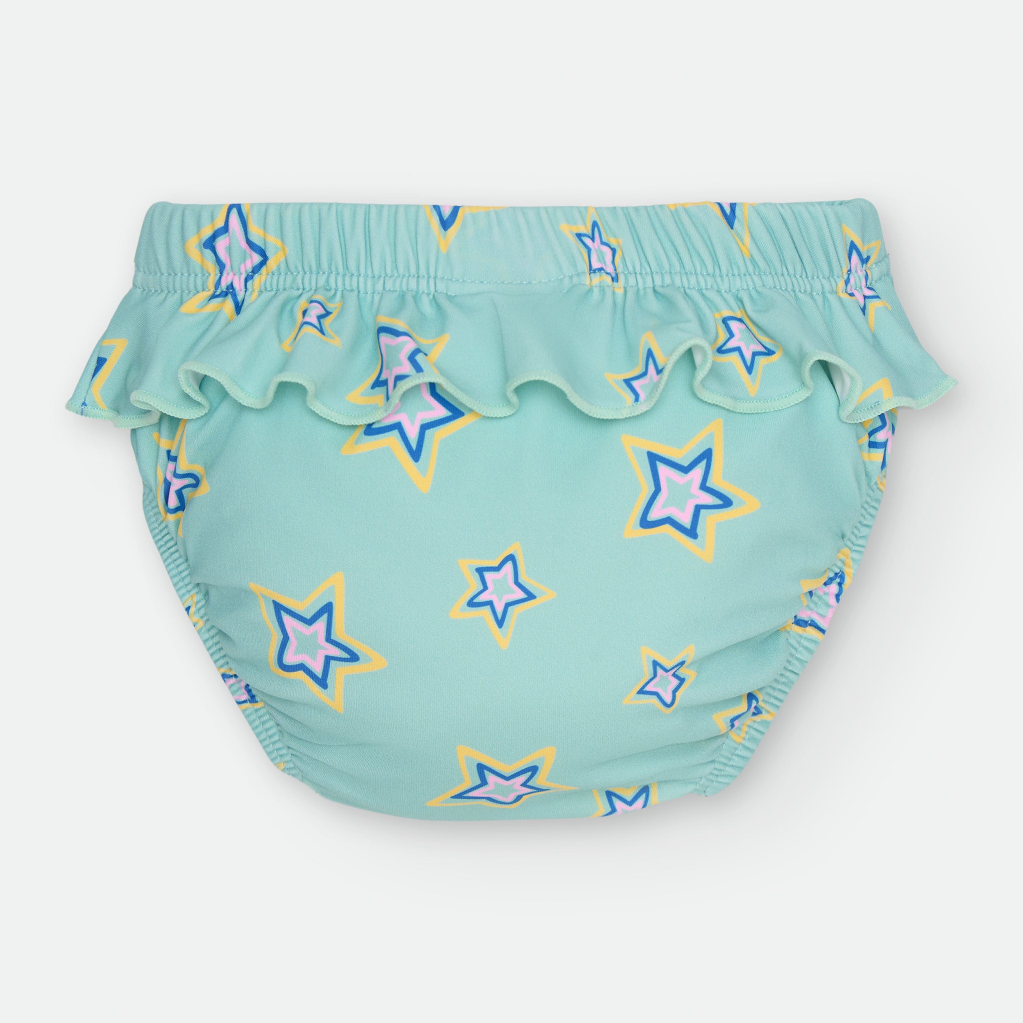 Fato de banho de natação para bebé com padrão de estrelas coloridas e folhos em tons turquesa, vista traseira.