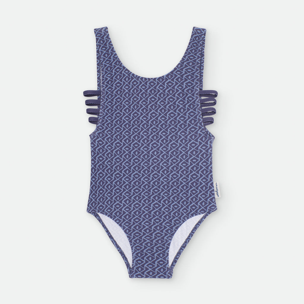 Fato de banho Waterlemon para menina com padrão geométrico em tons de azul escuro.