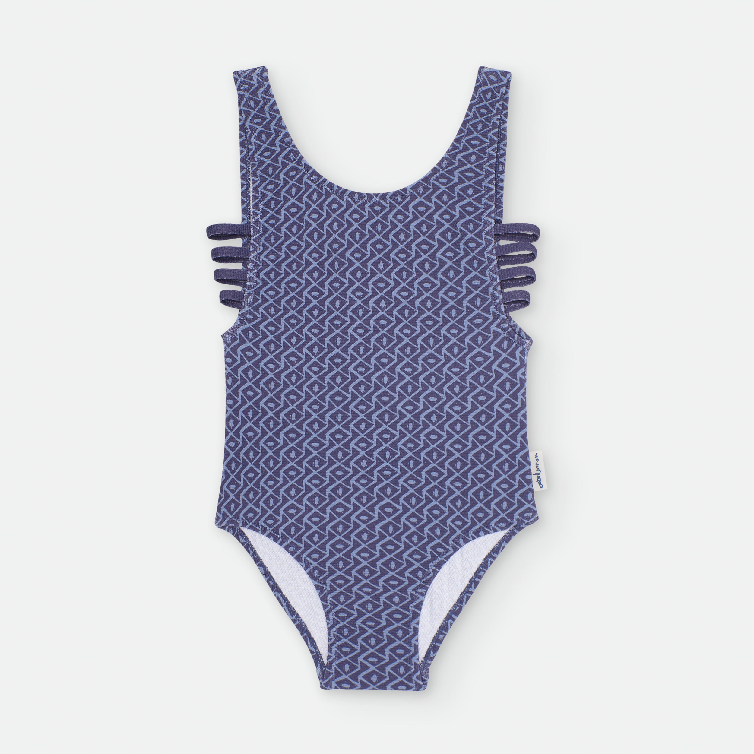 Fato de banho Waterlemon para menina com padrão geométrico em tons de azul escuro.