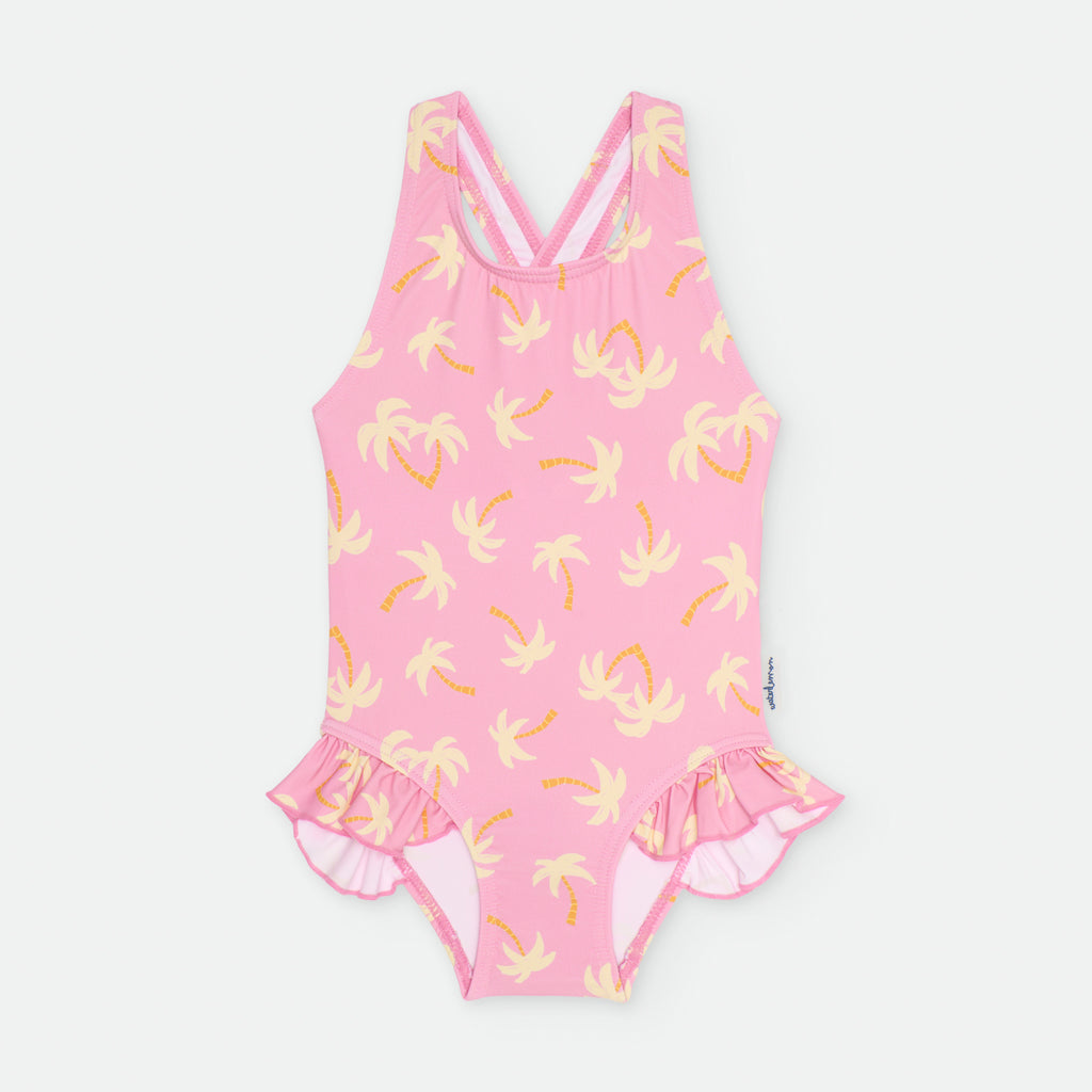 Fato de banho Waterlemon rosa com padrão de palmeiras para menina