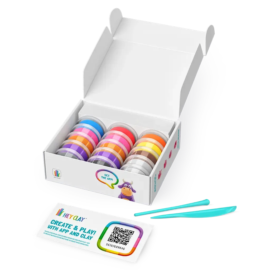 Conteúdo da embalagem HEY CLAY Animais, com 15 latas de pasta de modelar coloridas, 2 ferramentas de escultura azuis e um cartão com código QR para a aplicação HEY CLAY.