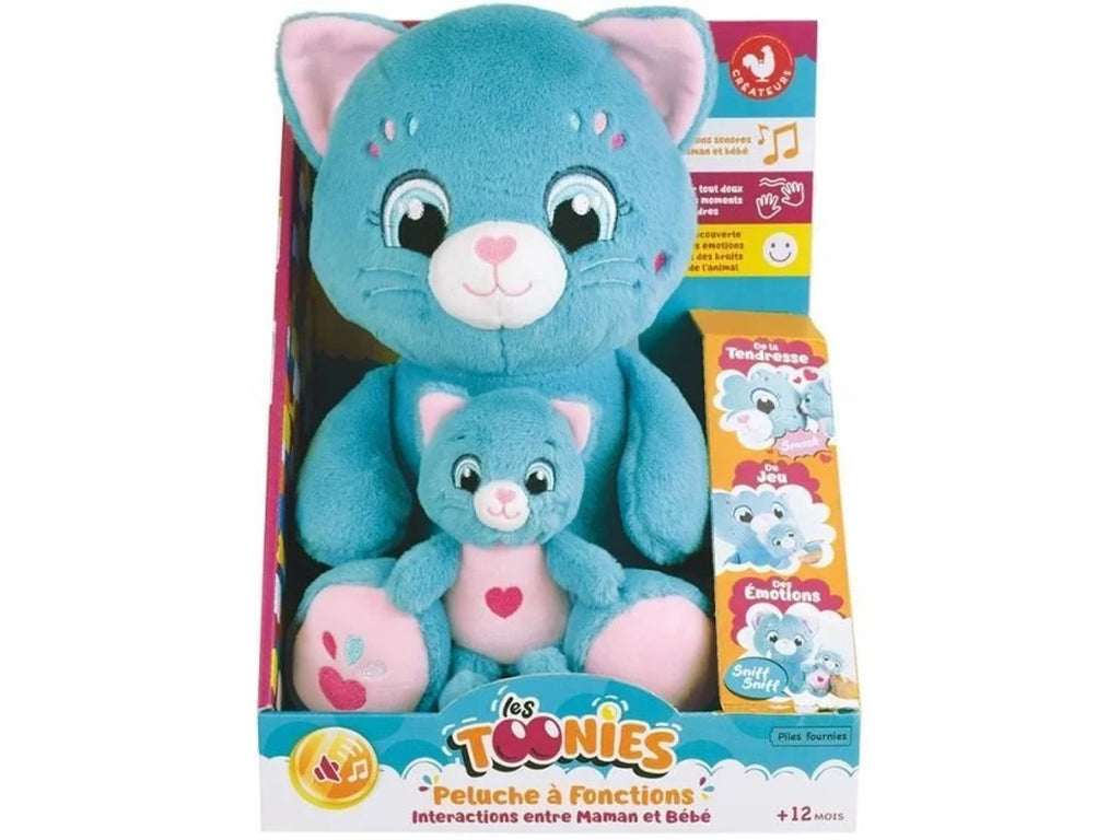 Peluche interativo Jemini Toonies Mãe Gata e Bebé na sua embalagem azul, destacando as 6 funções de emoções e sons para crianças a partir de 12 meses.