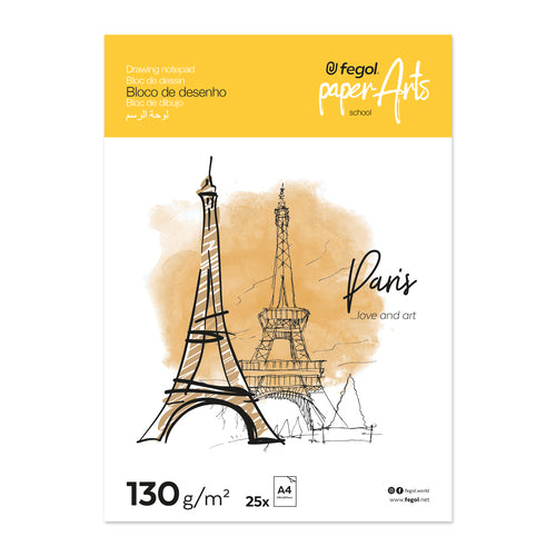 Capa do Bloco de Desenho Fegol A4, com ilustração da Torre Eiffel, indicação de 130g/m² e 25 folhas.