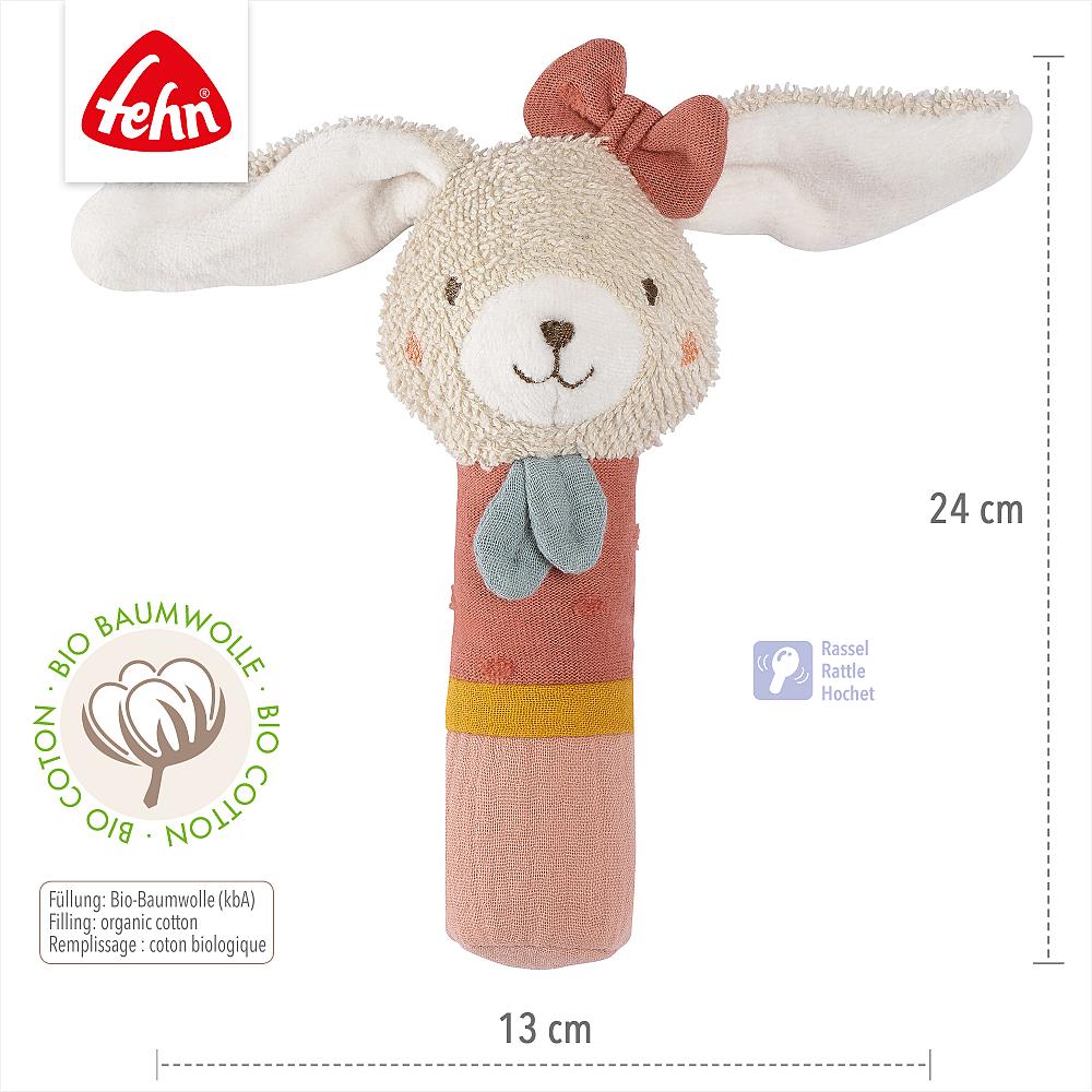 Chocalho Fehn Coelho com dimensões indicadas (24 cm altura, 13 cm largura) e selo de algodão orgânico (kbA).