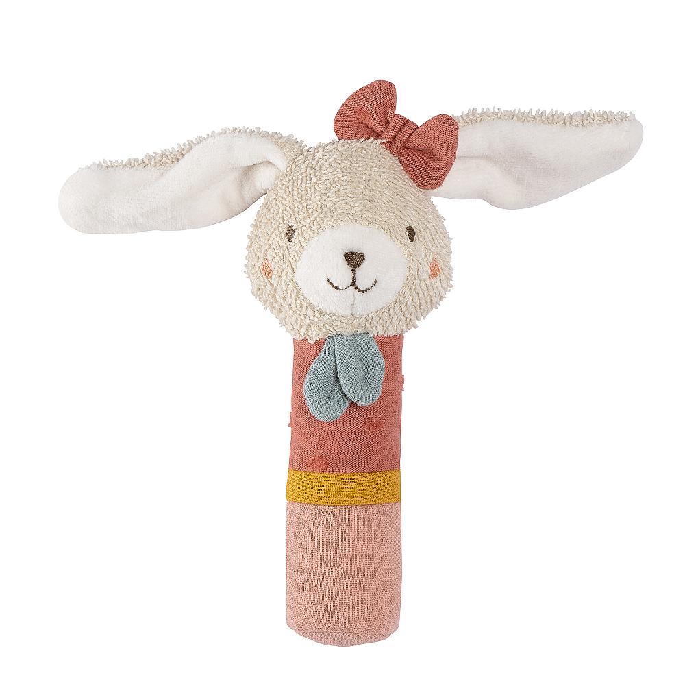 Chocalho de peluche Fehn em forma de coelha com laço cor-de-rosa, corpo listado em tons de rosa e amarelo, ideal para bebés a partir de 0 meses.