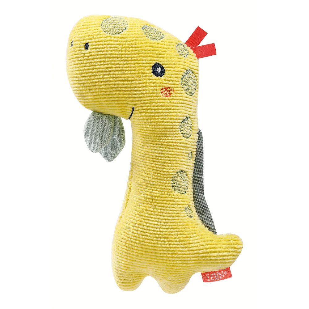 Chocalho Fehn em forma de dinossauro, amarelo canelado, com detalhes em azul e vermelho, ideal para bebés desde o nascimento.
