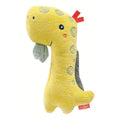 Chocalho Fehn em forma de dinossauro, amarelo canelado, com detalhes em azul e vermelho, ideal para bebés desde o nascimento.
