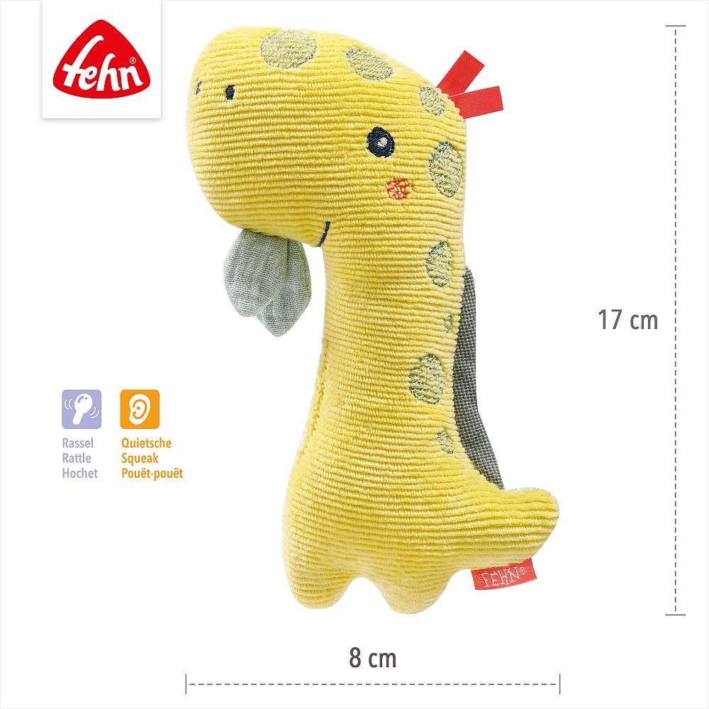 Dimensões do chocalho dinossauro Fehn: 17 cm de altura e 8 cm de largura, com ícones de chocalho e guincho.