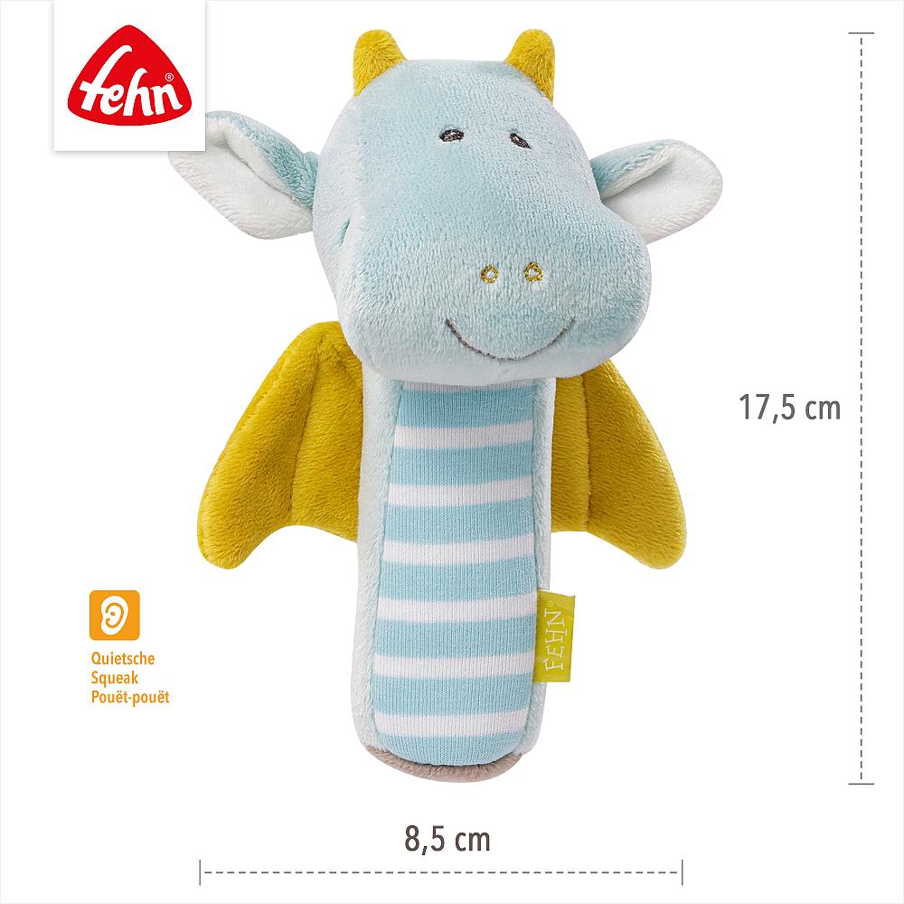 Imagem de produto do Fehn Guizo Dragão com as dimensões indicadas: 17,5 cm de altura e 8,5 cm de largura, destacando a função de guincho (squeak).
