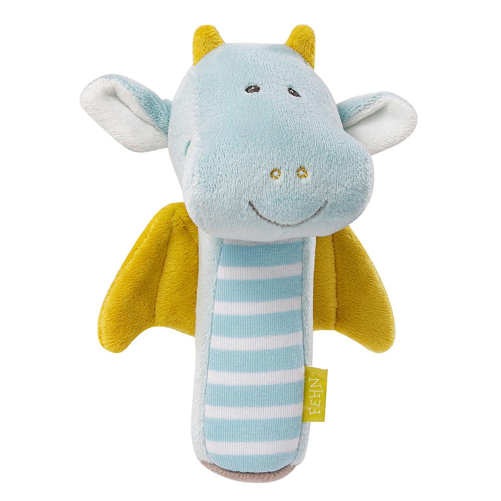 Fehn Guizo Dragão em peluche azul claro com asas amarelas e corpo listrado azul e branco, ideal para bebés a partir do nascimento.