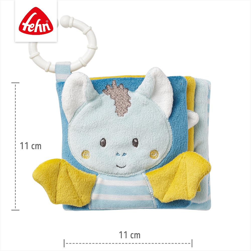 Livro sensorial Fehn com capa de morcego, mostrando as dimensões de 11 cm de altura e 11 cm de largura, com anel de fixação branco.
