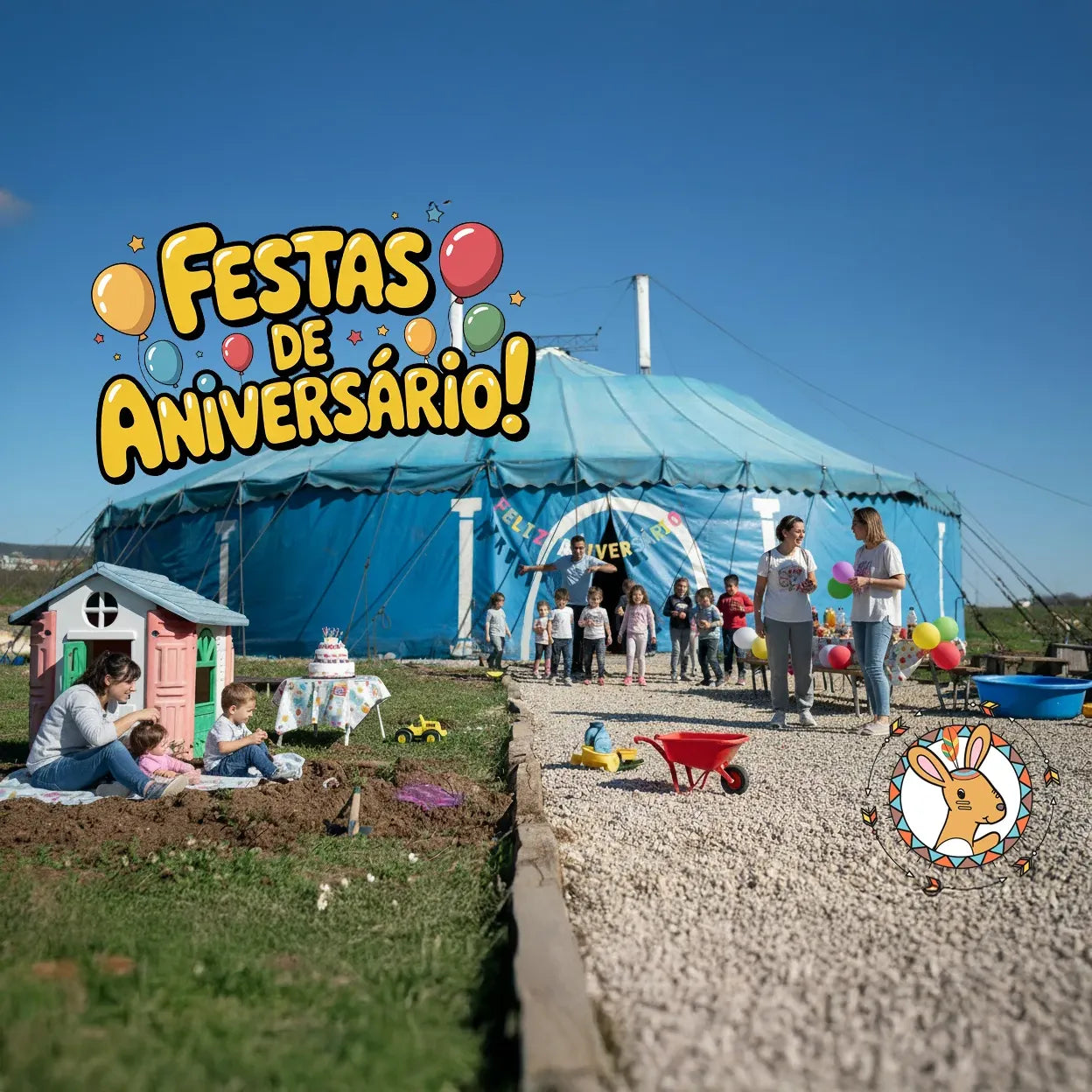 Crianças e adultos celebram uma festa de aniversário na Tenda Azul da Aldeia Gotu, com bolo e brincadeiras ao ar livre.