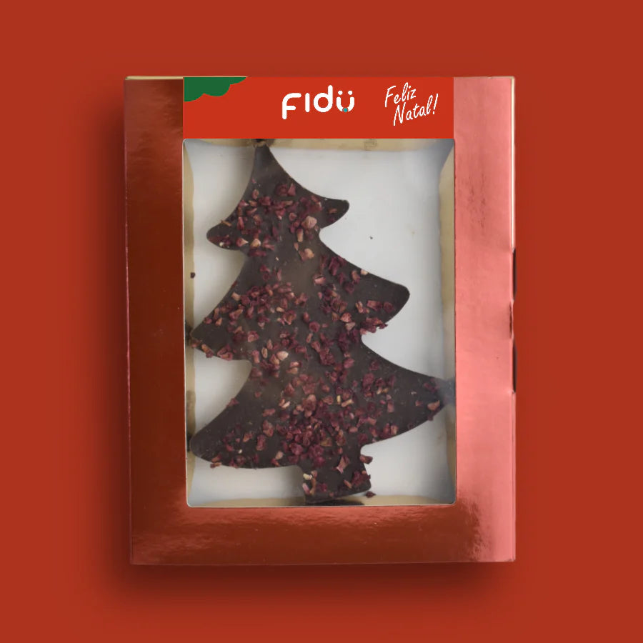 Tablete de chocolate Fidu em forma de árvore de Natal, 60% cacau com framboesa, na embalagem vermelha de edição limitada.