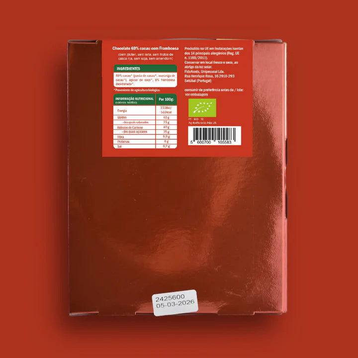 Verso da embalagem do chocolate Fidu, mostrando informações nutricionais, ingredientes e certificação BIO.