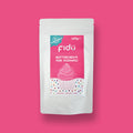 Embalagem do Fidu Buttercream Mix Morango, pó rosa claro, com destaque para as certificações vegan e sem glúten.
