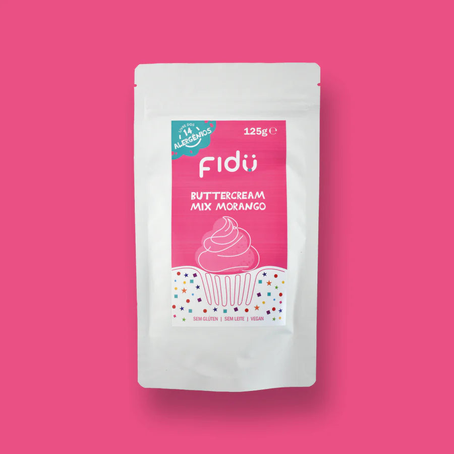 Embalagem do Fidu Buttercream Mix Morango, pó rosa claro, com destaque para as certificações vegan e sem glúten.