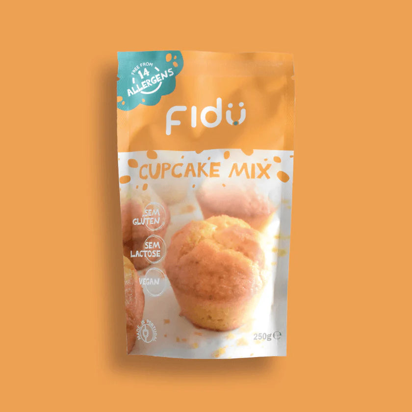 Tabela nutricional do preparado para cupcake Fidu sem glúten, detalhando valores de energia, lípidos, hidratos de carbono, proteínas e sal por 100g e por porção.