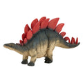 Figura de brinquedo realista do dinossauro Estegossauro com placas dorsais vermelhas e corpo em tons de castanho e verde-escuro, isolado em fundo branco.