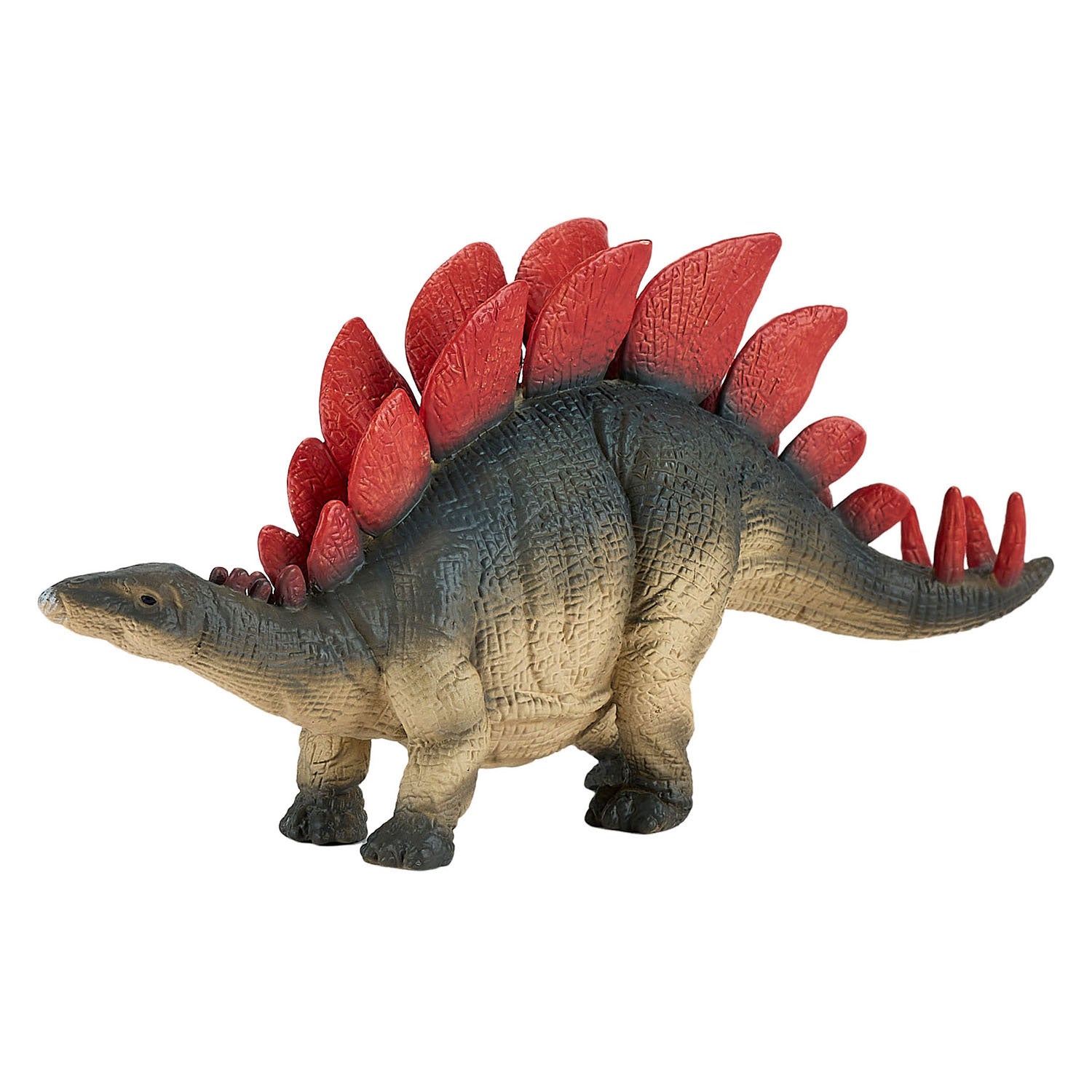 Figura de brinquedo realista do dinossauro Estegossauro com placas dorsais vermelhas e corpo em tons de castanho e verde-escuro, isolado em fundo branco.