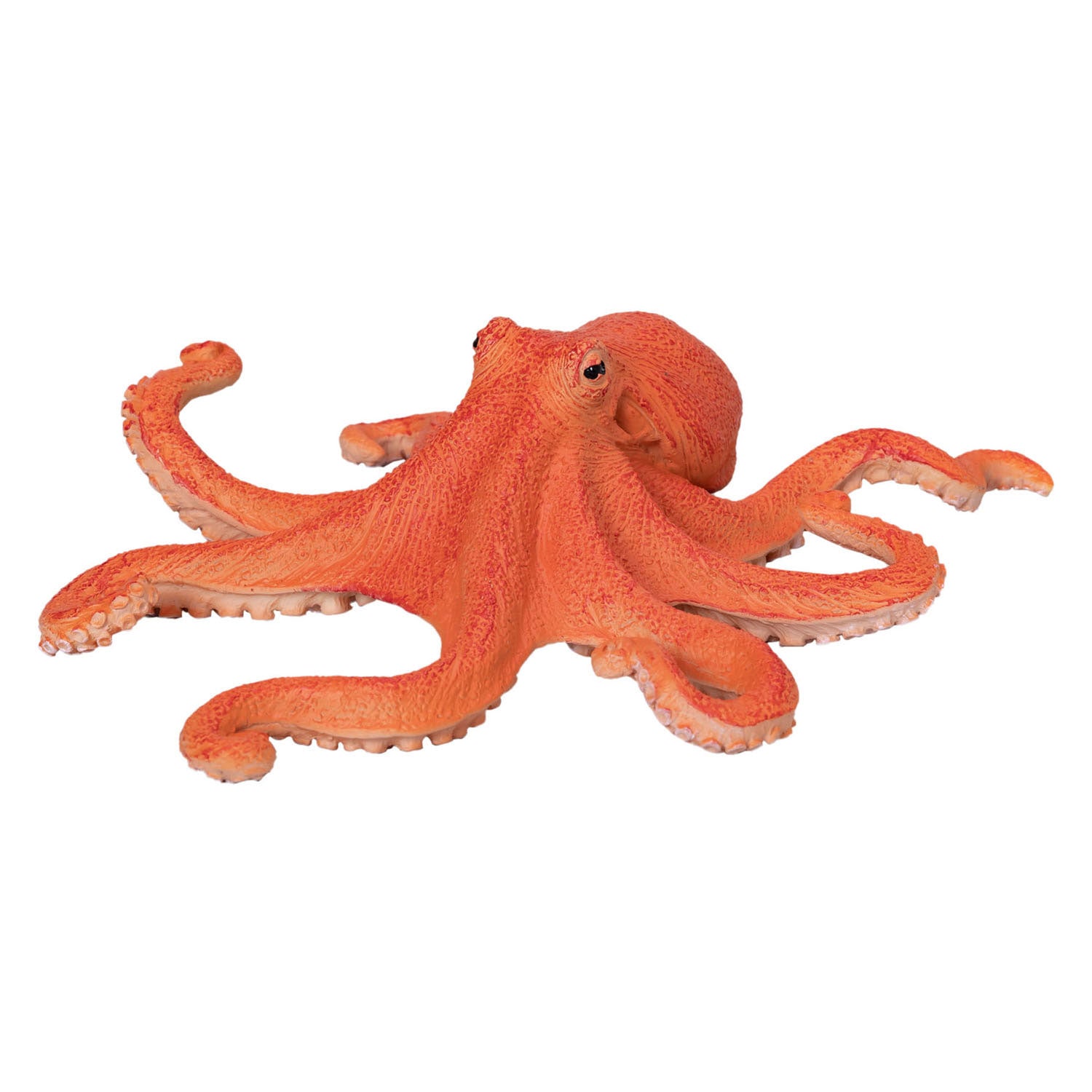 Figura de brincar realista representando um polvo de cor laranja com texturas detalhadas em fundo branco.