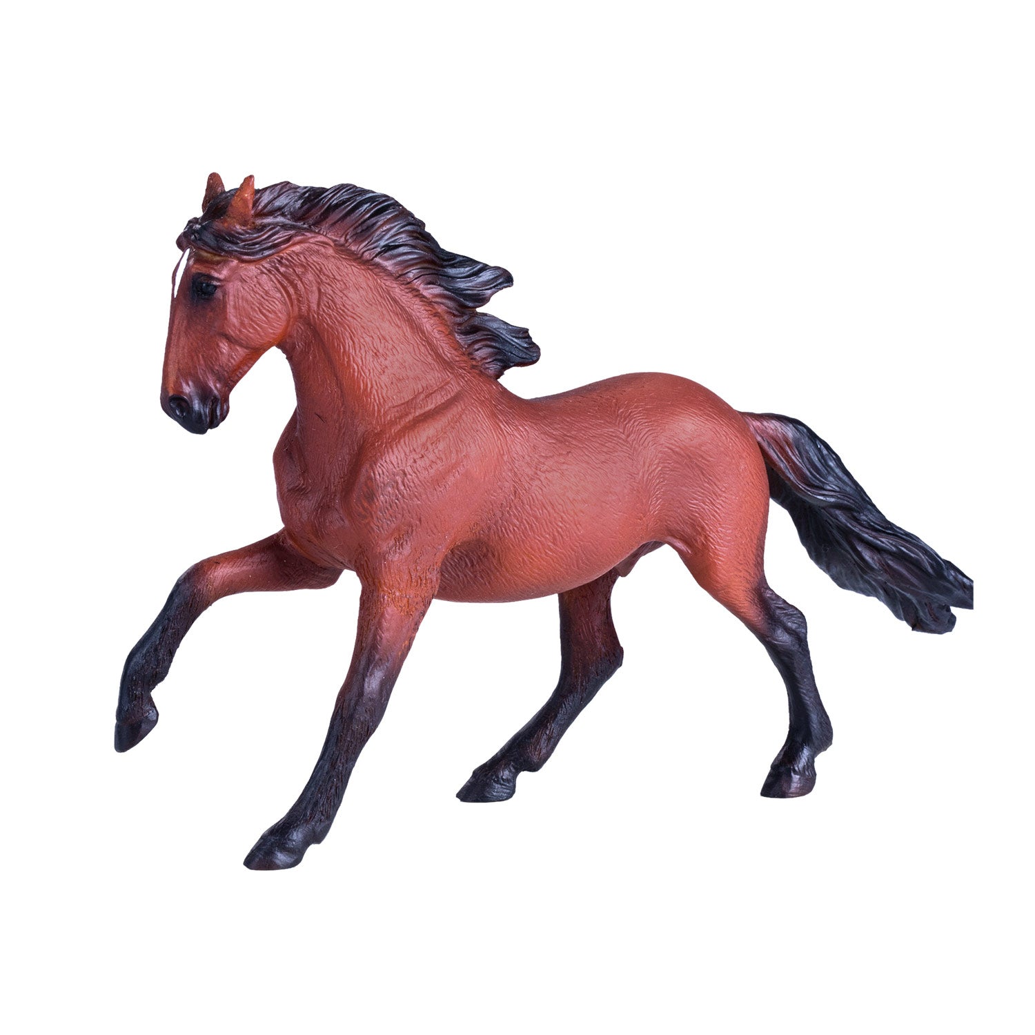 Figura de brinquedo realista de um cavalo Lusitano castanho em movimento, com detalhe na crina e cauda.