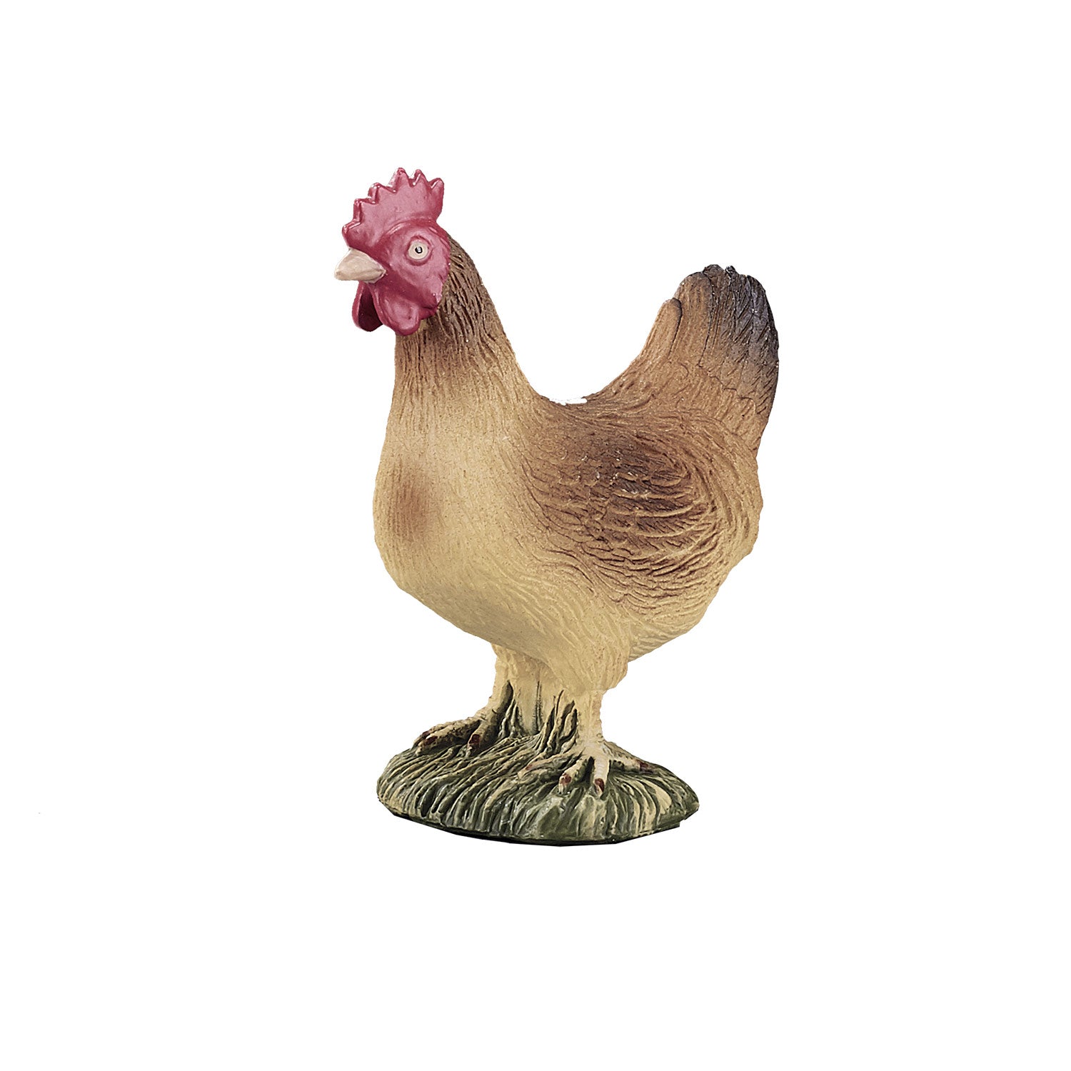 Figura colecionável de uma galinha castanha da marca Mojo, brinquedo educativo para crianças.