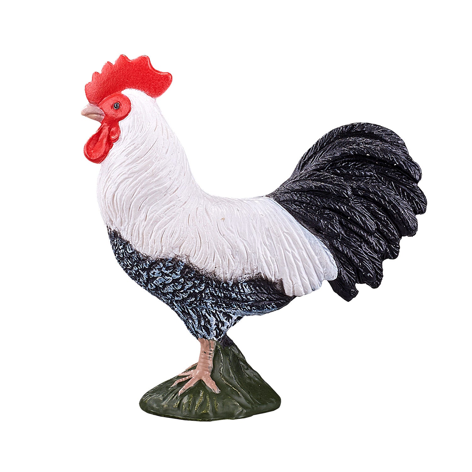 Figura realista de um galo da marca Mojo com plumagem detalhada branca e preta, ideal para brinquedos educativos.