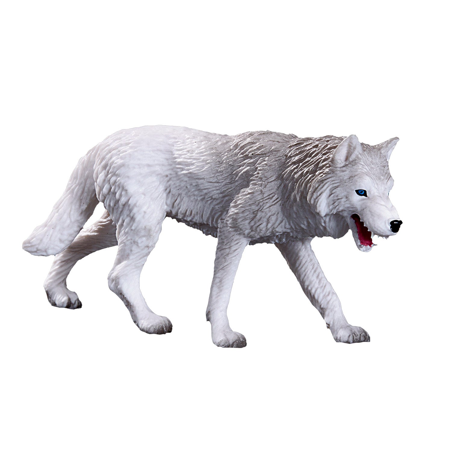 Figura de brincar realista de um lobo ártico branco da marca Mojo, isolada sobre fundo branco.