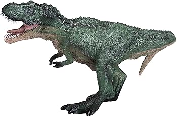 Figura de ação detalhada de um Tyrannosaurus Rex verde escuro, em pose de ataque com a boca aberta, realçando a textura da pele e a musculatura.