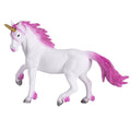 Figura de brinquedo de unicórnio branco com crina e cauda rosa brilhante (glitter) e chifre dourado, em pose de marcha.