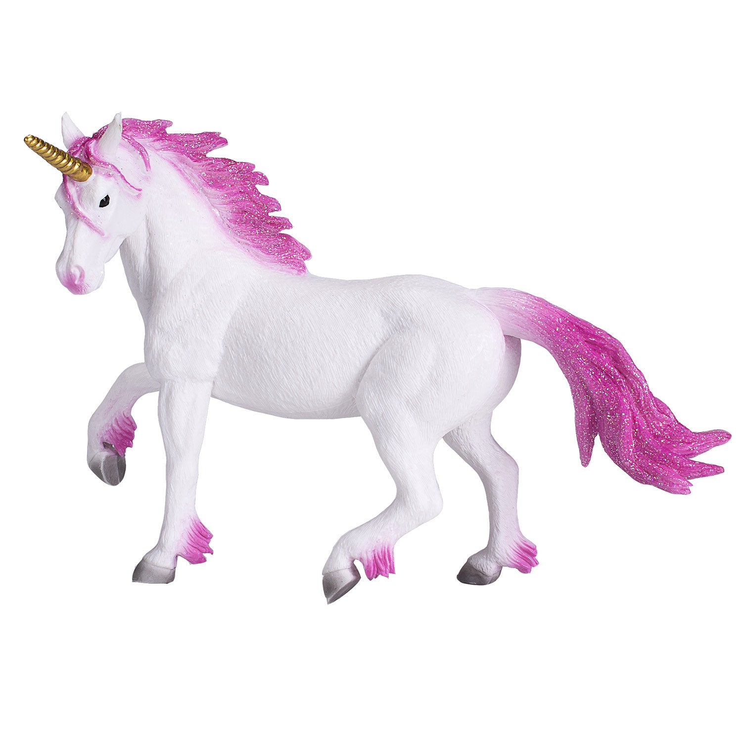 Figura de brinquedo de unicórnio branco com crina e cauda rosa brilhante (glitter) e chifre dourado, em pose de marcha.