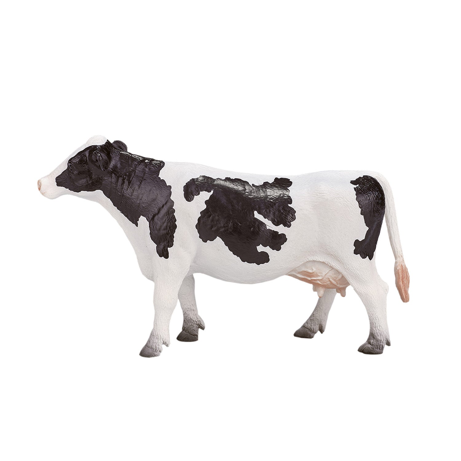 Figura realista de uma vaca Holstein da marca Mojo, com manchas pretas e brancas, ideal para brinquedos educativos.