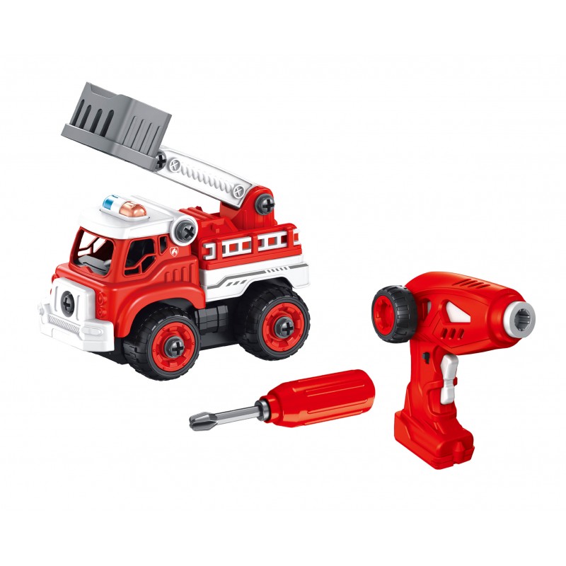 Camião de bombeiros Buki já montado, ao lado da ferramenta multifunções vermelha que serve como chave de fendas e comando remoto.