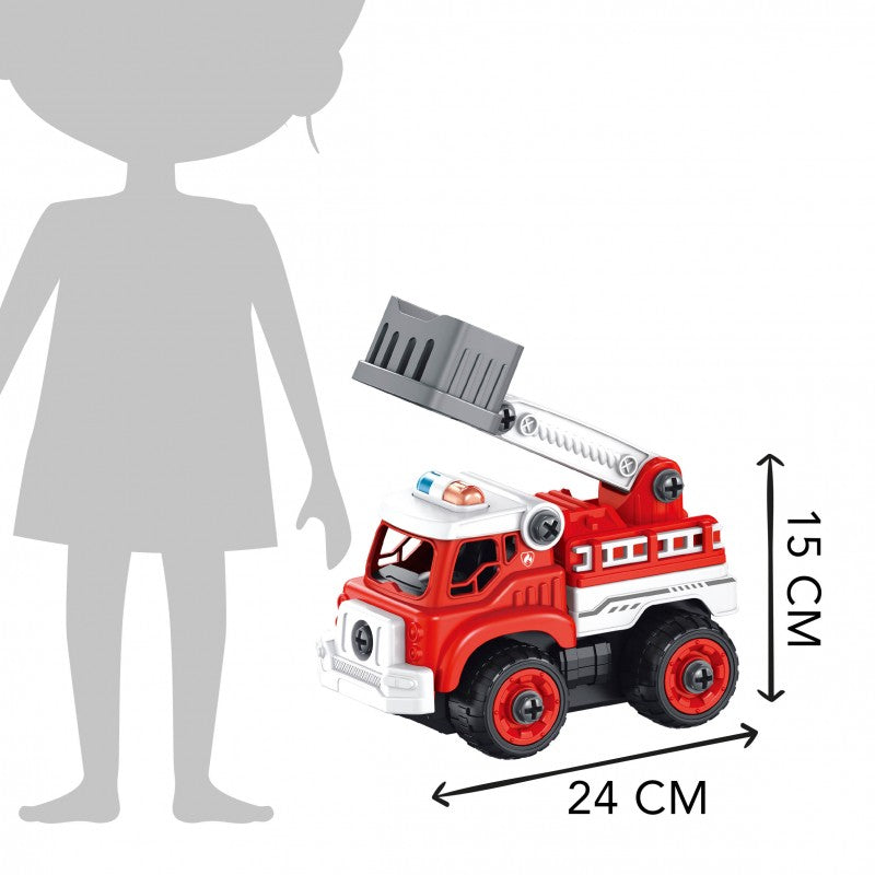 Camião de bombeiros Buki montado, com uma silhueta de criança para escala e as dimensões de 15 cm de altura por 24 cm de comprimento.