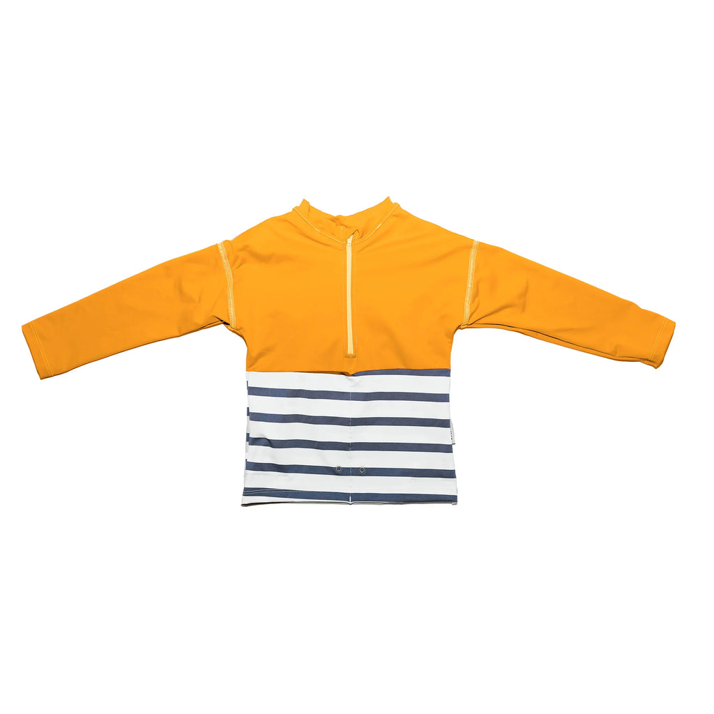 T-shirt anti-afogamento Floatee de manga comprida, cor amarela e riscas brancas/azuis, vista de frente sobre fundo branco.