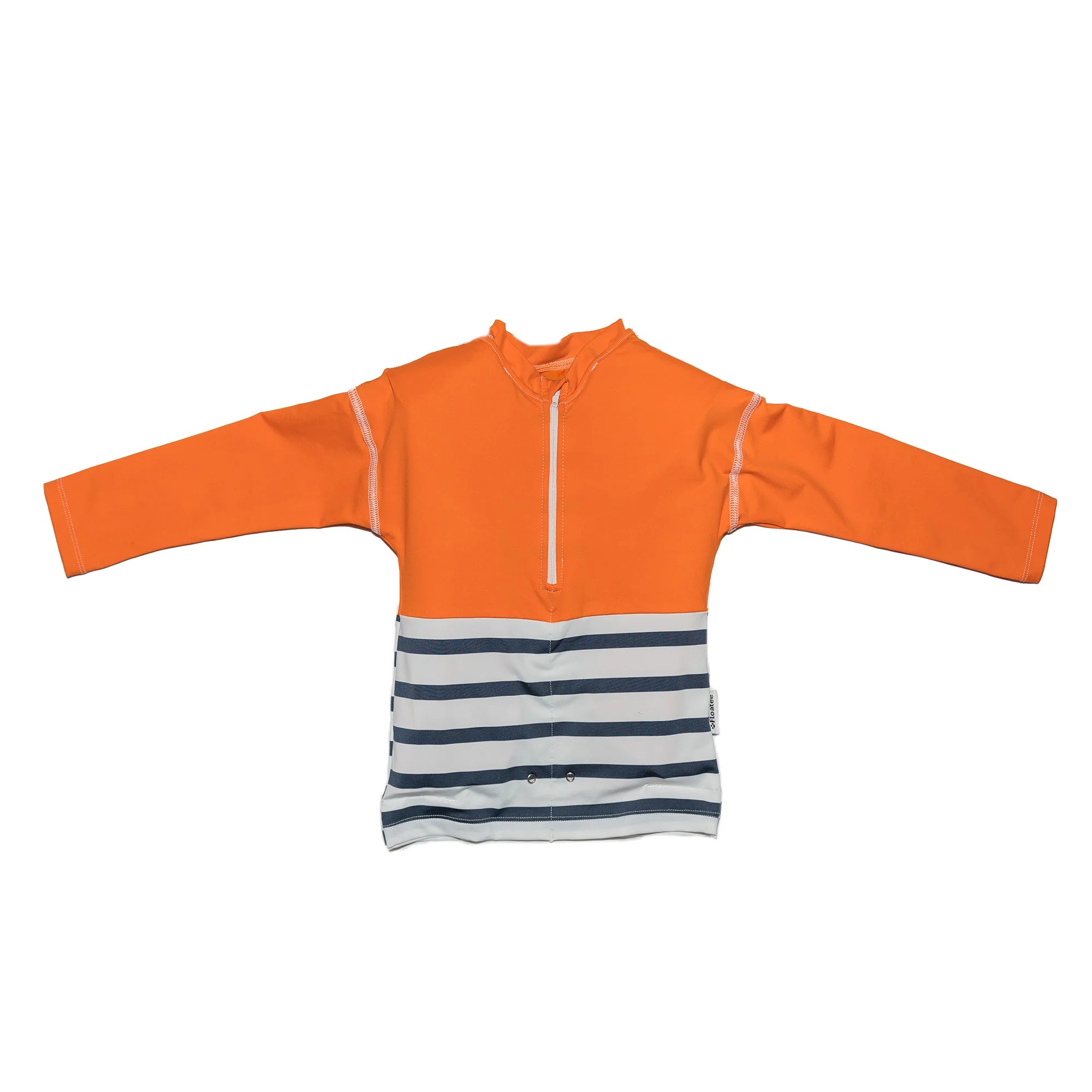 T-shirt anti afogamento Floatee de manga comprida, cor laranja e riscas azuis/brancas, com fecho à frente, vista frontal.