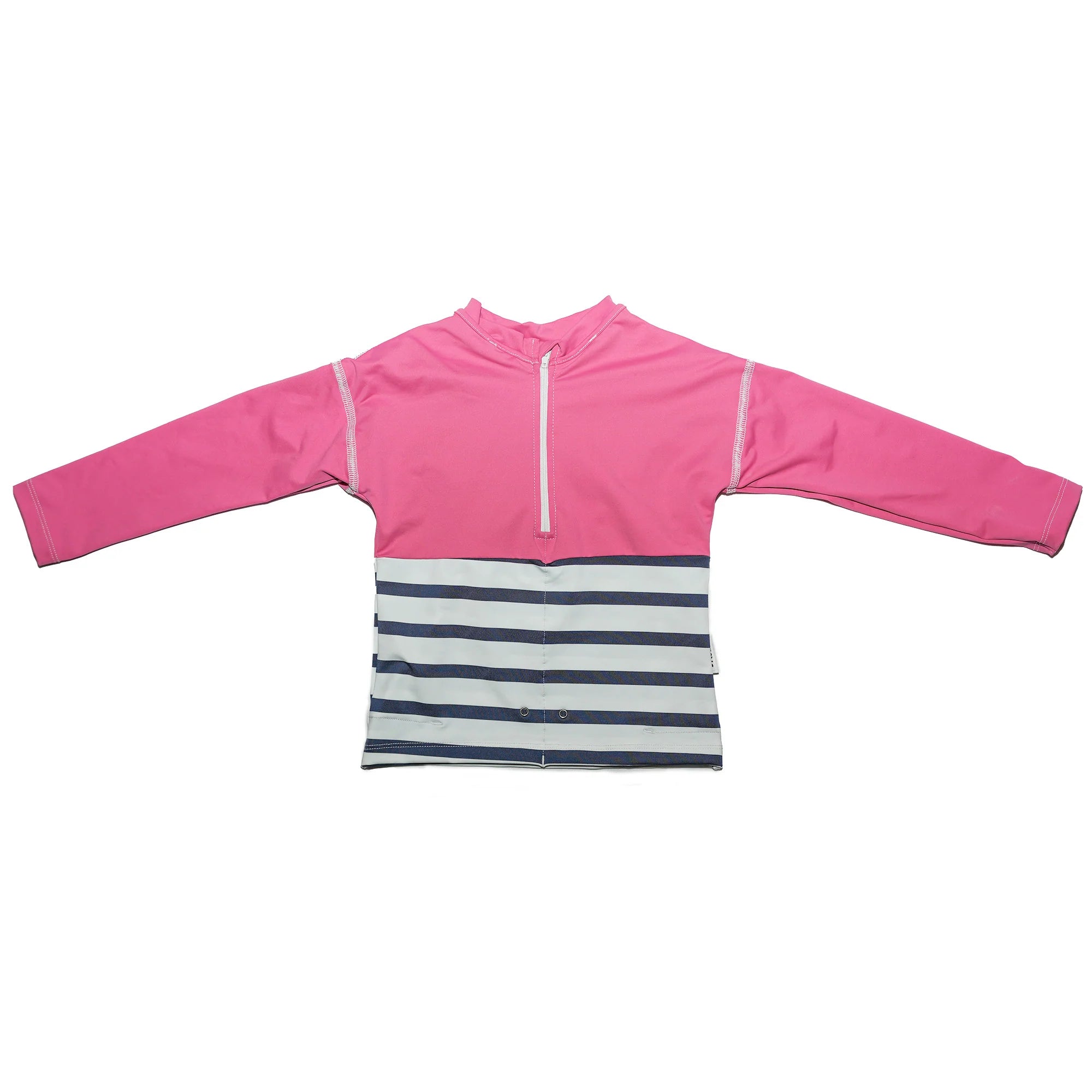 T-shirt anti afogamento Floatee de manga comprida, cor rosa choque e riscas azuis/brancas, com fecho, para segurança na água.