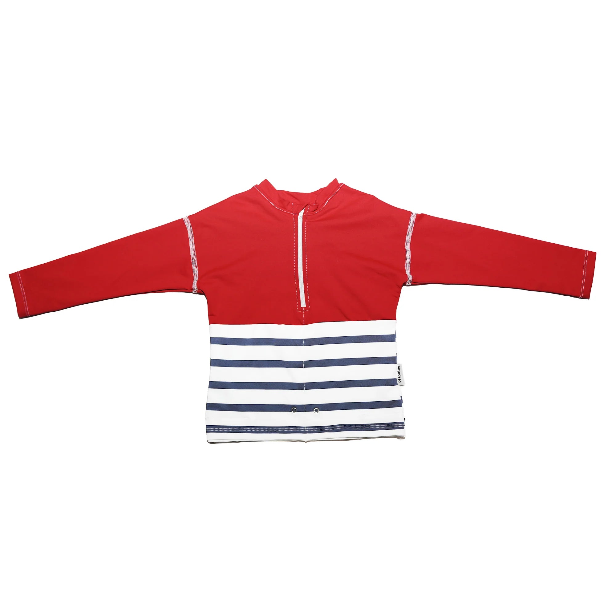 T-shirt de segurança Floatee de manga comprida, cor vermelha e riscas azuis/brancas, com fecho, ideal para proteção UV e flutuabilidade.