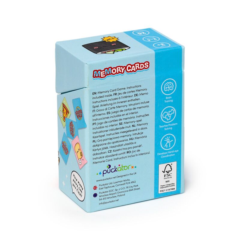 Parte de trás da caixa do jogo Foodiemals Memory Cards, com informações em várias línguas e o logo da Puckator.