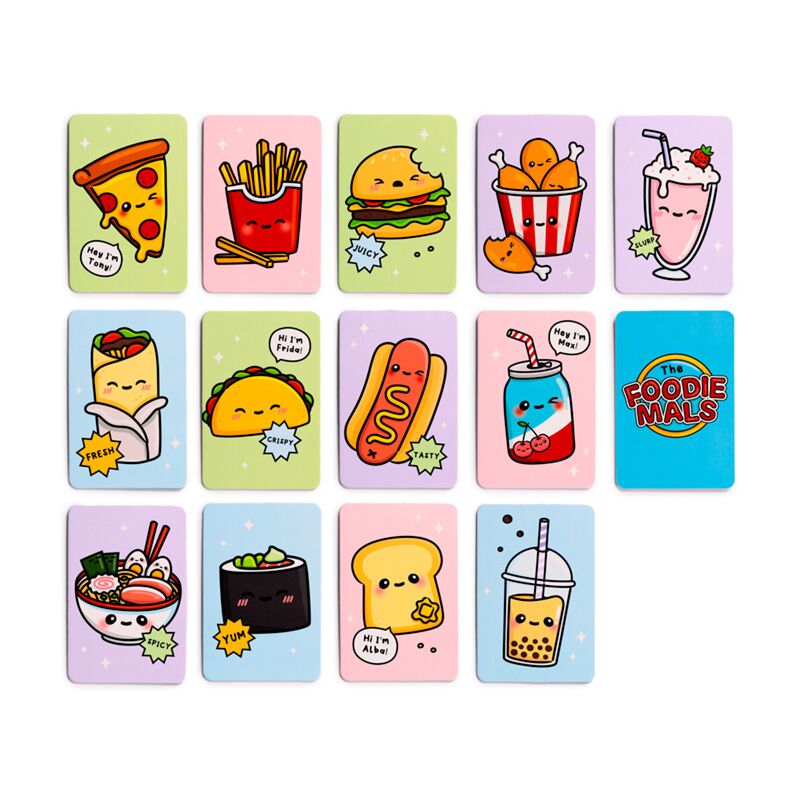 Conjunto completo de cartas do jogo Foodiemals Memory Cards, com ilustrações coloridas de diferentes alimentos com carinhas.