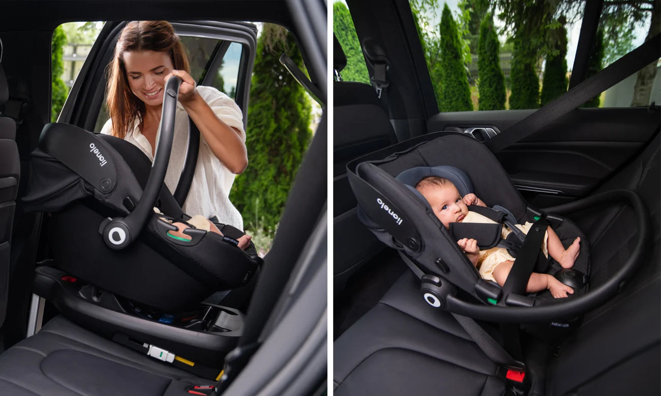 Mãe ajustando a cadeira auto Lionelo Astrid i-Size no carro, com o bebé confortavelmente sentado.