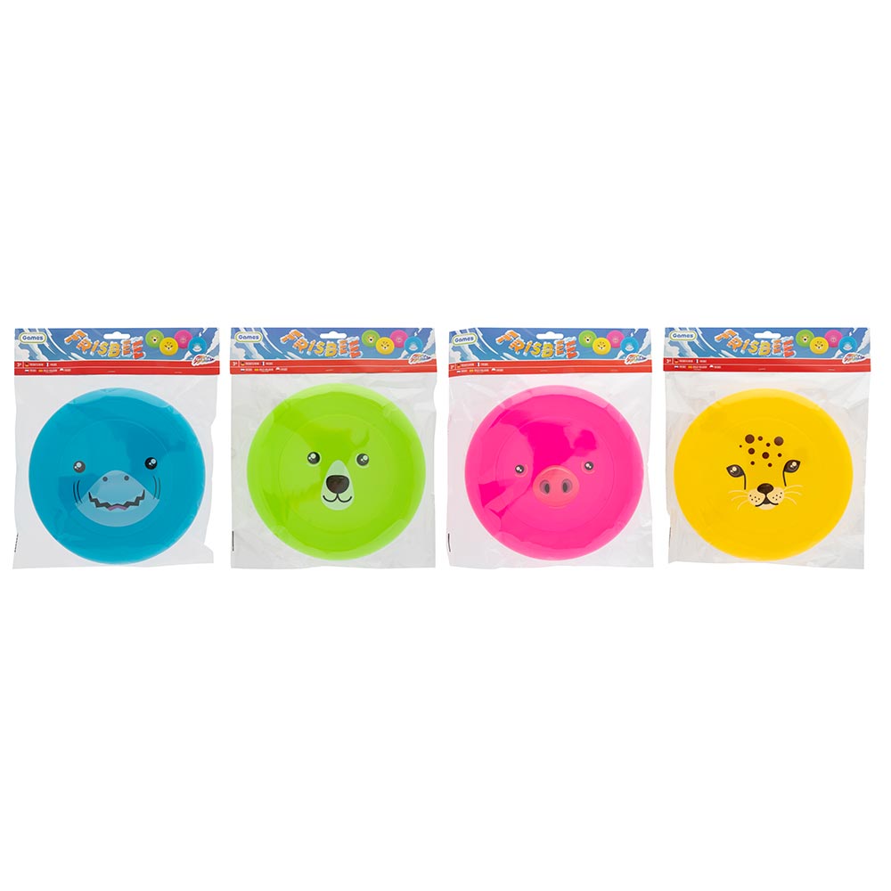 Quatro frisbees de plástico coloridos (azul tubarão, verde urso, rosa porco, amarelo leopardo) embalados individualmente, ideais para brincar ao ar livre.