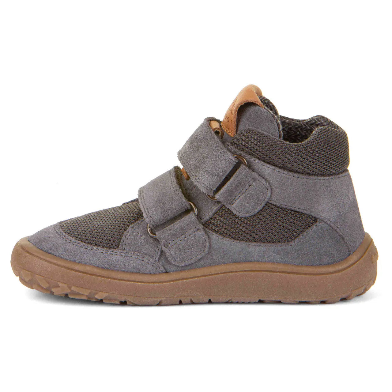 Froddo Barefoot Bota Impermeável TEX Autumn Grey, vista lateral com detalhes da sola e materiais.