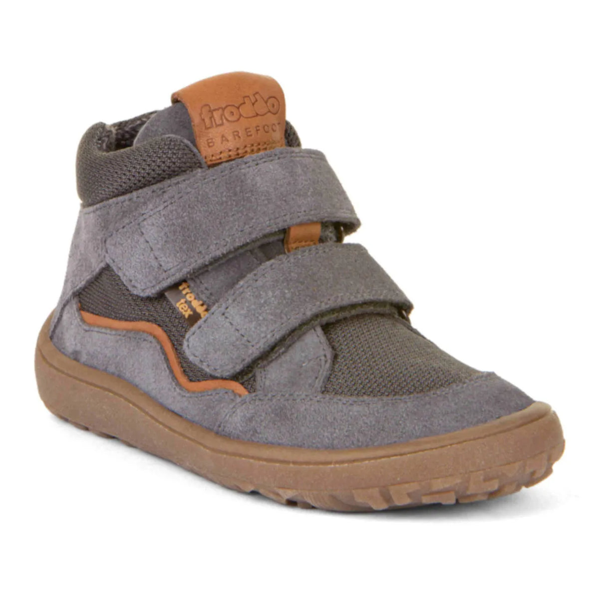 Froddo Barefoot Bota Impermeável TEX Autumn Grey, vista frontal-lateral com fechos de velcro.