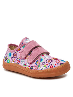 Froddo Barefoot sapatilha em lona com padrão floral colorido e fecho em velcro rosa. Sola de borracha flexível para um movimento natural e confortável dos pés.