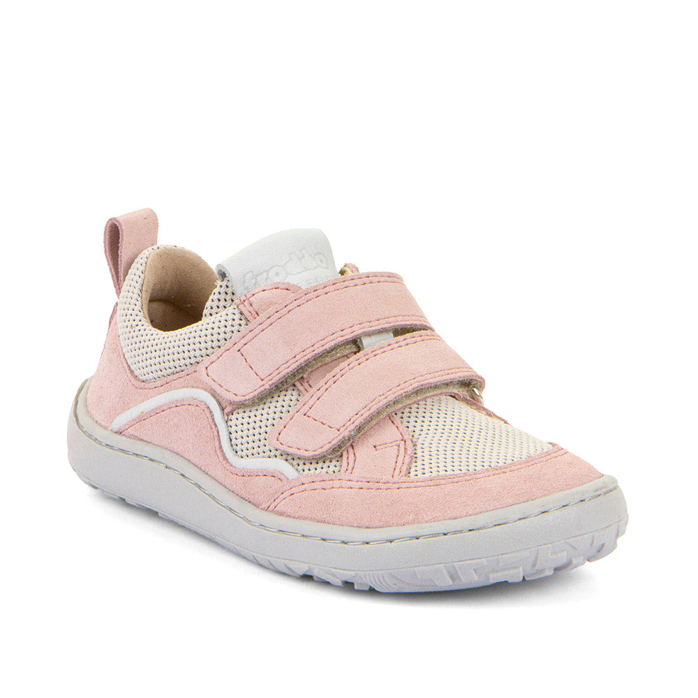 Sapatilha barefoot Froddo para criança, cor rosa claro, com painéis de malha bege e fecho de velcro duplo. Sola flexível cinzenta.