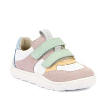 Ténis infantil Froddo Barefoot ZERU Spring em pele, cor principal rosa pálido com detalhes em verde menta, amarelo e azul claro, fecho duplo em velcro.